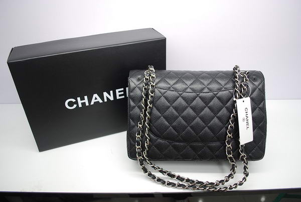 Chanel Jumbo Double Flaps Bag Black Original Caviar Leather A36097 Silver