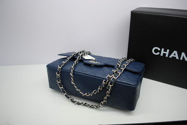 Newest 2012 Chanel Jumbo Double Flaps Bag Royalblue Original Caviar Leather A36097 Silver