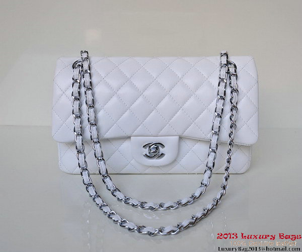 Chanel A01112 Classic Flap Bag White Sheepskin Silver