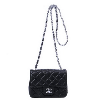 Chanel mini Classic Flap Bag Black Sheekskin 1115 Silver