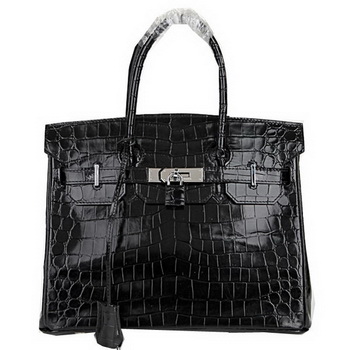 Hermes Birkin 30CM Tote Bags Black Iridescent Croco Leather Silver