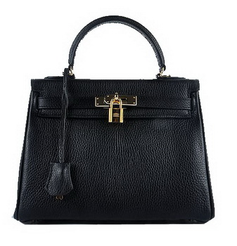 Hermes Kelly 28cm Shoulder Bags Black Grainy Leather Gold