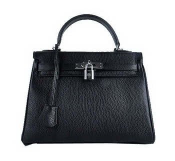 Hermes Kelly 28cm Shoulder Bags Black Grainy Leather Silver