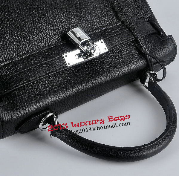 Hermes Kelly 28cm Shoulder Bags Black Grainy Leather Silver