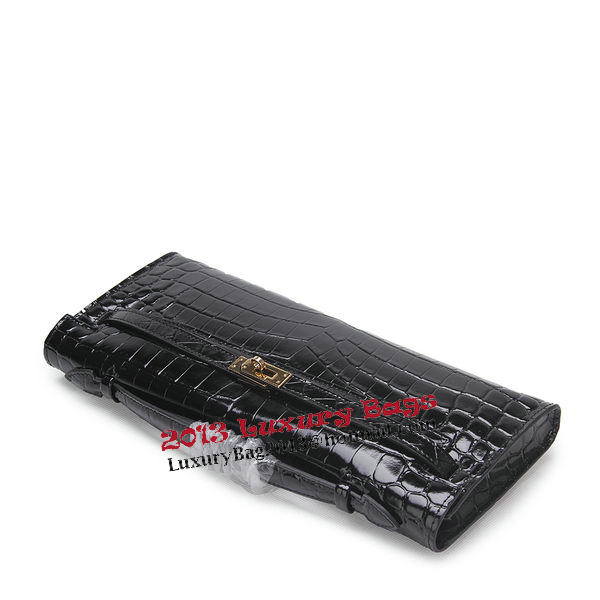 Hermes Kelly Clutch Bag Croco Leather K1002 Black