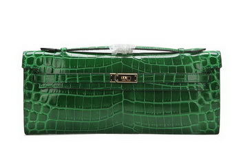 Hermes Kelly Clutch Bag Croco Leather K1002 Green