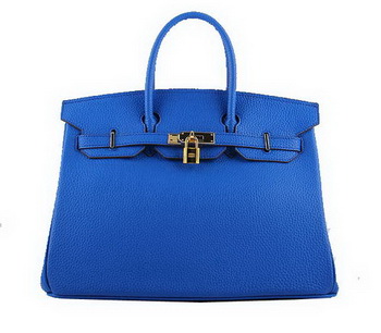 Hermes Birkin 35CM Tote Bags Blue Grainy Leather H-35 Gold