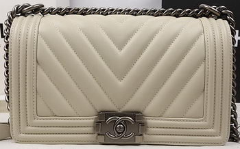 Boy Chanel Flap Bag Calfskin Chevron Quilting A67025 OffWhite