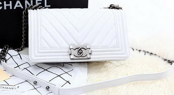 Boy Chanel Flap Bag Calfskin Chevron Quilting A67086 White