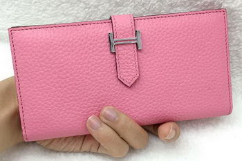 Hermes Bearn Japonaise Bi-Fold Wallet Litchi Leather A208 Pink