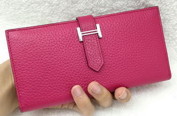 Hermes Bearn Japonaise Bi-Fold Wallet Litchi Leather A208 Rose