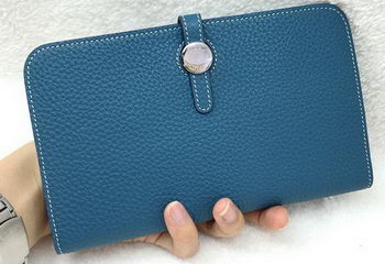 Hermes Dogon Combined Wallet Litchi Leather A508 Blue