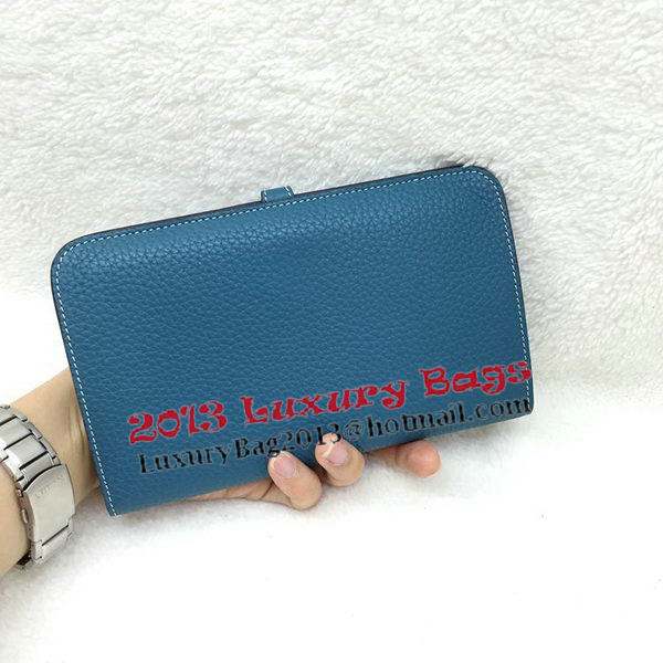 Hermes Dogon Combined Wallet Litchi Leather A508 Blue