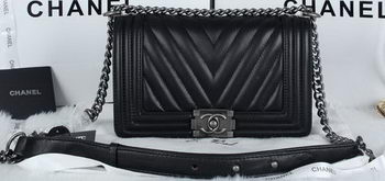 Boy Chanel Flap Bag Sheepskin Chevron Quilting A66034 Black