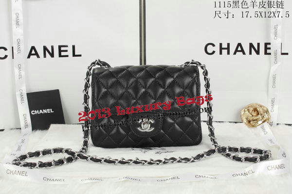 Chanel Classic MINI Flap Bag Black Sheepskin Leather A1115 Silver