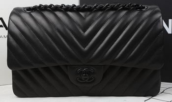 Chanel 2.55 Series Flap Bag Sheepskin Leather Chevron Quilting A1112 Black