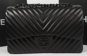 Chanel Classic Flap Bag Sheepskin Chevron Quilting A1113 Black