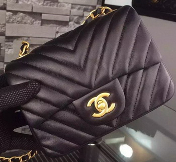 Chanel Classic mini Flap Bag Black Chevron Sheepskin Leather A68748 Gold