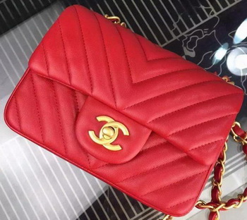 Chanel Classic mini Flap Bag Chevron Sheepskin Leather A68748 Red