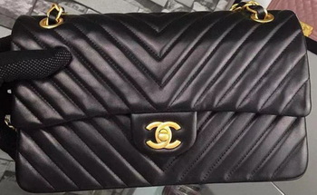 Chanel 2.55 Series Flap Bag Black Lambskin Chevron Leather A5023 Gold