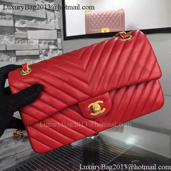 Chanel 2.55 Series Flap Bag Red Lambskin Chevron Leather A5023 Gold