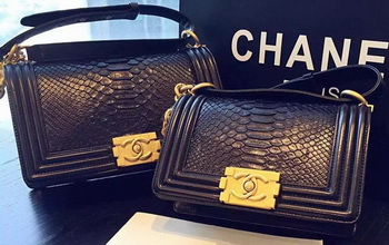 Chanel Boy Flap Shoulder Bag Black Python Leather A66094 Gold