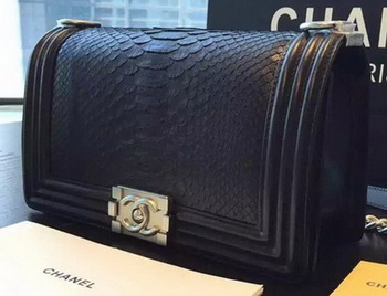 Chanel Boy Flap Shoulder Bag Black Python Leather A66095 Silver