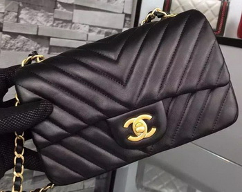 Chanel mini Classic Flap Bag Black Original Sheepskin Chevron Leather CHA5500 Gold