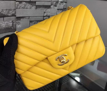 Chanel mini Classic Flap Bag Yellow Original Sheepskin Chevron Leather CHA5500 Gold