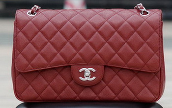 Chanel Jumbo Classic Burgundy Cannage Pattern Flap Bag A58600 Silver