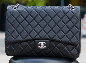 Chanel Maxi Quilted Classic Flap Bag Black Sheepskin A58601 Silver