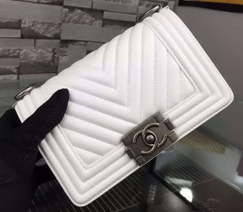 Boy Chanel mini Flap Bag Original Chevron Sheepskin Leather A5707 White