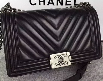 Boy Chanel Flap Bag Original Chevron Nubuck Leather A5708 Black