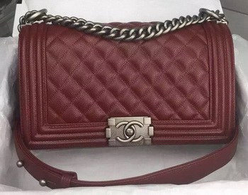 Chanel Boy Flap Shoulder Bag Burgundy Original Calfskin Leather A8708 Silver