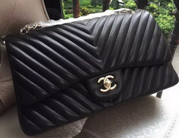 Chanel Classic Flap Bag Black Sheepskin Chevron Quilting A1113 Gold