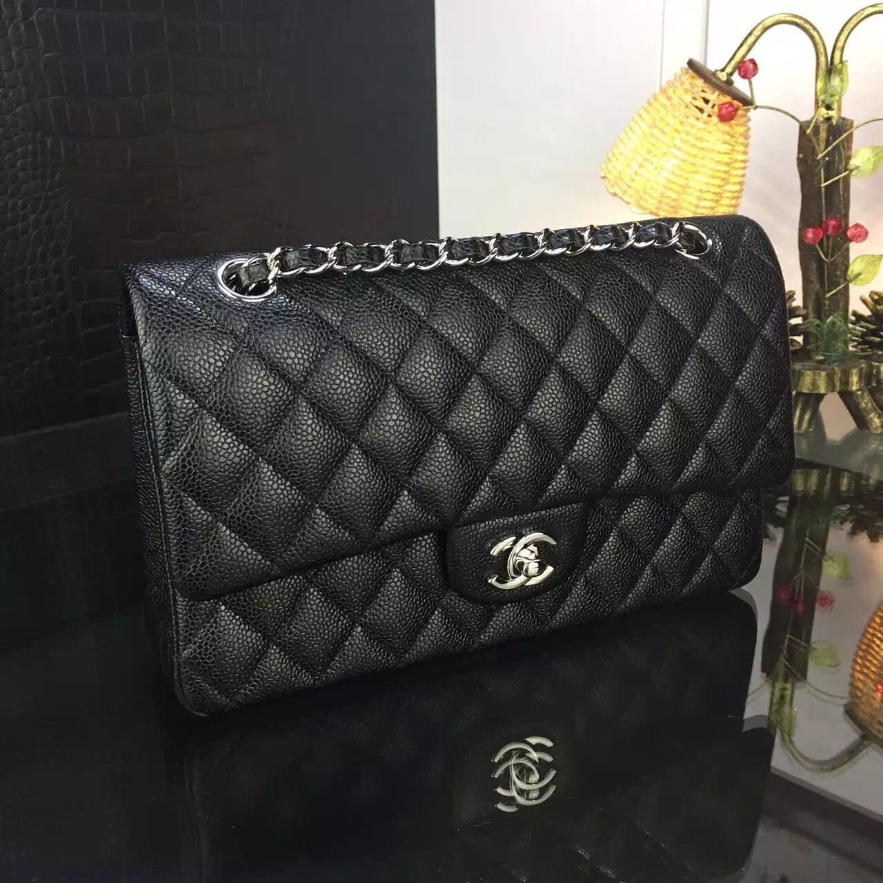 Chanel 2.55 Series Flap Bag Original Lambskin Leather Black Silver 1112