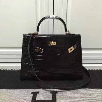 Hermes Kelly 28cm Shoulder Bag Croco Leather K28 Black