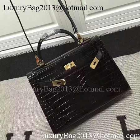 Hermes Kelly 28cm Shoulder Bag Croco Leather K28 Black