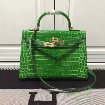 Hermes Kelly 28cm Shoulder Bag Croco Leather K28 Green