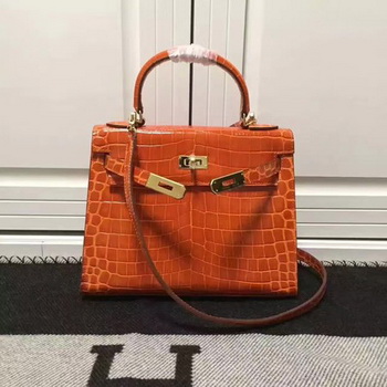 Hermes Kelly 28cm Shoulder Bag Croco Leather K28 Orange