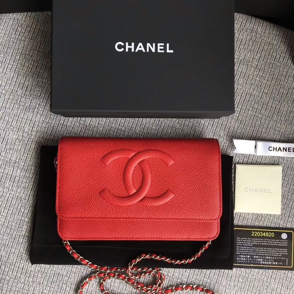 Chanel WOC Original Calfskin Leather Red Shoulder Bag 33814 Silver