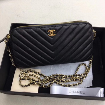 Chanel Shoulder Bag Black Sheepskin Leather V6845 Gold