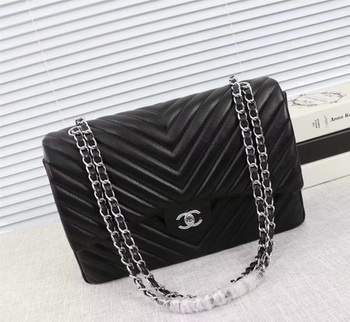 Chanel Maxi Classic Flap Bag Black Chevron Sheepskin Leather A58601 Silver