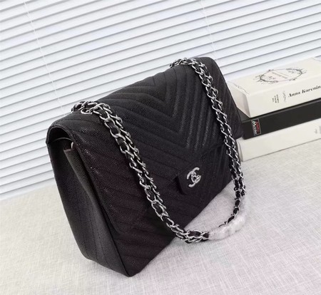 Chanel Maxi Quilted Classic Flap Bag Black Chevron Cannage Pattern A58601 Silver