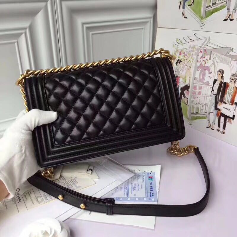 Chanel Boy Flap Original Sheepskin Leather Shoulder Black Bag A67086 Gold