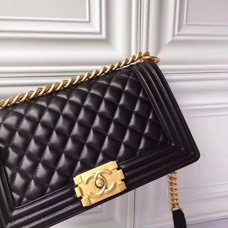 Chanel Boy Flap Original Sheepskin Leather Shoulder Black Bag A67086 Gold