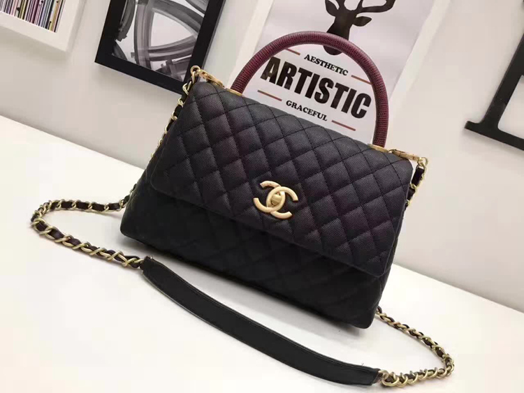 Chanel Classic Red Top Handle Bag Original Leather A92991 black Gold chain