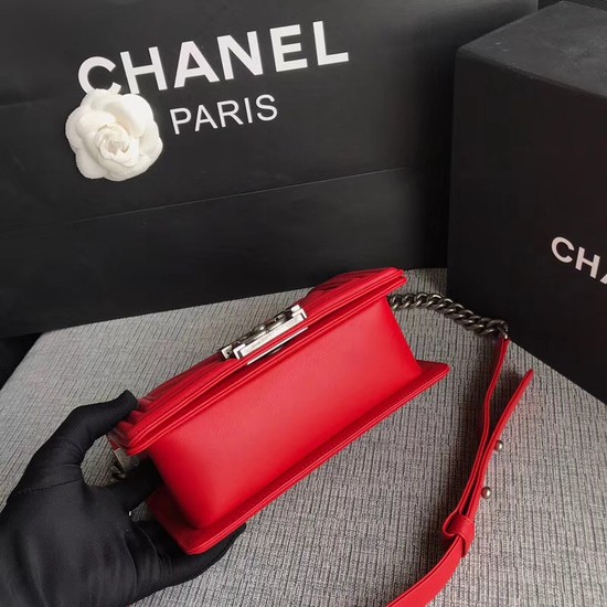 Chanel Le Boy Flap Shoulder Bag Original Calf leather A67085 Bright red silver Buckle