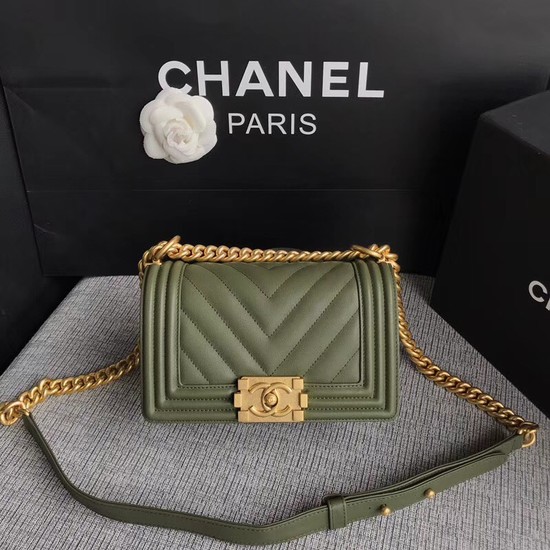 Chanel Le Boy Flap Shoulder Bag Original Calf leather A67085 green Gold Buckle