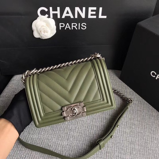 Chanel Le Boy Flap Shoulder Bag Original Calf leather A67085 green silver Buckle